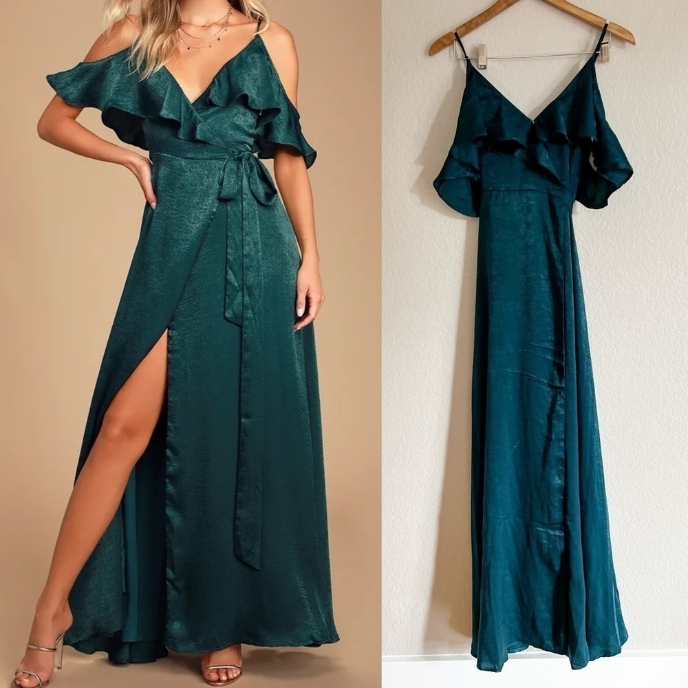 Emerald Green Satin Wrap Maxi Dress NWOT